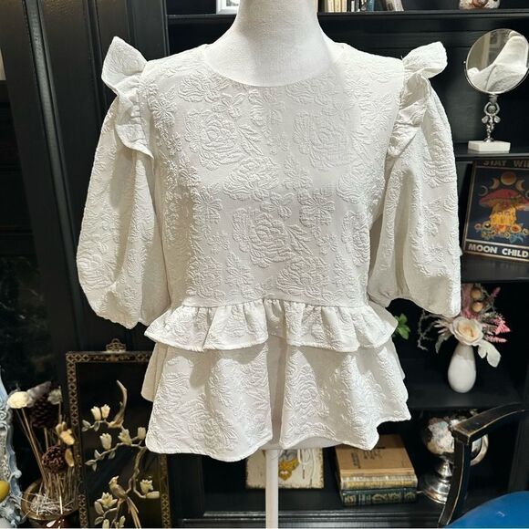 Anthropologies Free the Roses White Rose Tiered Blouse Size M - Picture 1 of 11